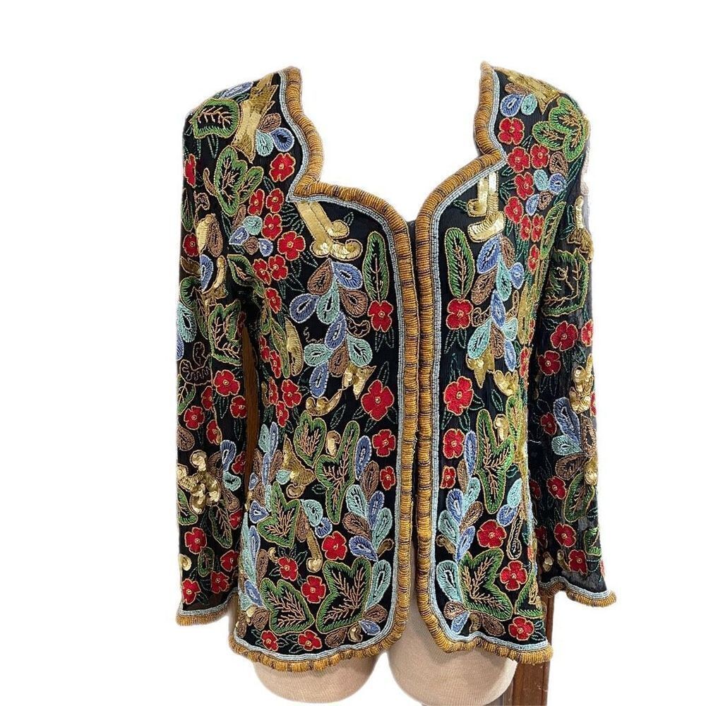 Hazur Made In India Heavily Beaded Silk VTG Jacket Size Medium